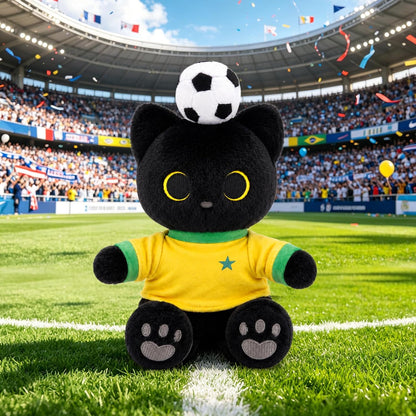 Brazil Soccer Cat Plush - 10" Sitting Black Cat Stuffed Animal with Soccer Ball on Head,Yellow & Green Brazil-Inspired Jersey,Gray Heart Paw Pad Embroidery,Football Gift for Kids Adults