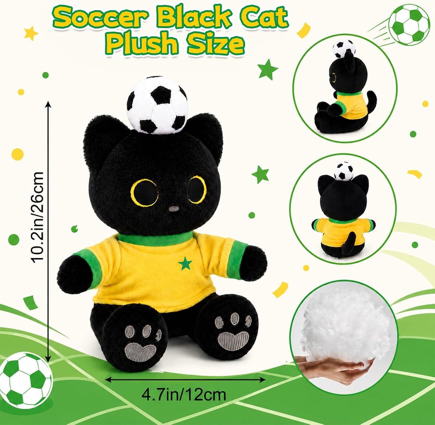 Brazil Soccer Cat Plush - 10" Sitting Black Cat Stuffed Animal with Soccer Ball on Head,Yellow & Green Brazil-Inspired Jersey,Gray Heart Paw Pad Embroidery,Football Gift for Kids Adults