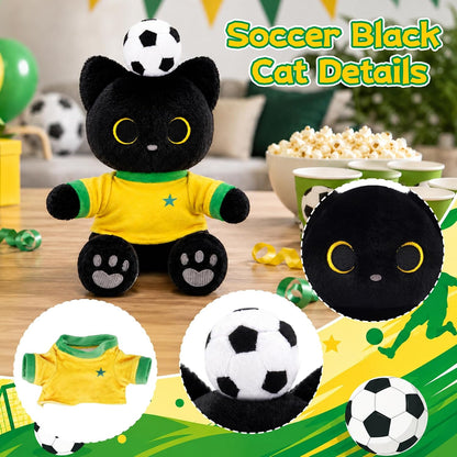 Brazil Soccer Cat Plush - 10" Sitting Black Cat Stuffed Animal with Soccer Ball on Head,Yellow & Green Brazil-Inspired Jersey,Gray Heart Paw Pad Embroidery,Football Gift for Kids Adults