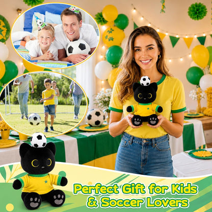 Brazil Soccer Cat Plush - 10" Sitting Black Cat Stuffed Animal with Soccer Ball on Head,Yellow & Green Brazil-Inspired Jersey,Gray Heart Paw Pad Embroidery,Football Gift for Kids Adults