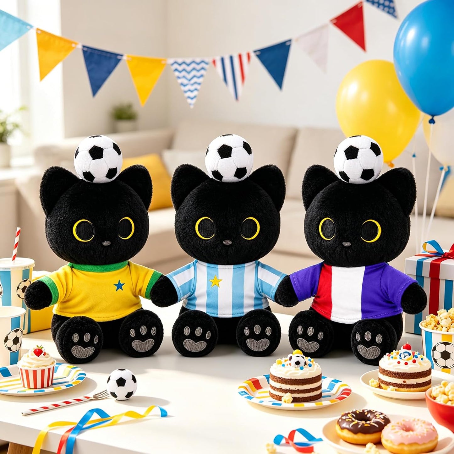 Brazil Soccer Cat Plush - 10" Sitting Black Cat Stuffed Animal with Soccer Ball on Head,Yellow & Green Brazil-Inspired Jersey,Gray Heart Paw Pad Embroidery,Football Gift for Kids Adults
