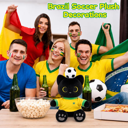 Brazil Soccer Cat Plush - 10" Sitting Black Cat Stuffed Animal with Soccer Ball on Head,Yellow & Green Brazil-Inspired Jersey,Gray Heart Paw Pad Embroidery,Football Gift for Kids Adults