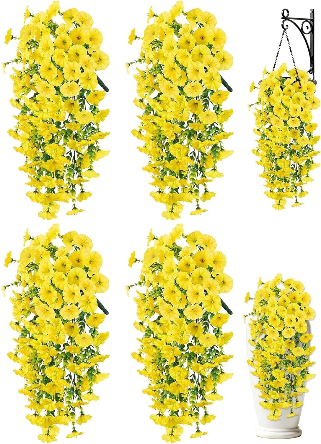 Artificial Hanging Flowers for Outdoors 4Pcs UV Resistant Morning Glory | Faux Flowers Trailing Vines with Eucalyptus Leaves, Realistic Fake Plants for Planter Porch Patio Balcony Yard Garden