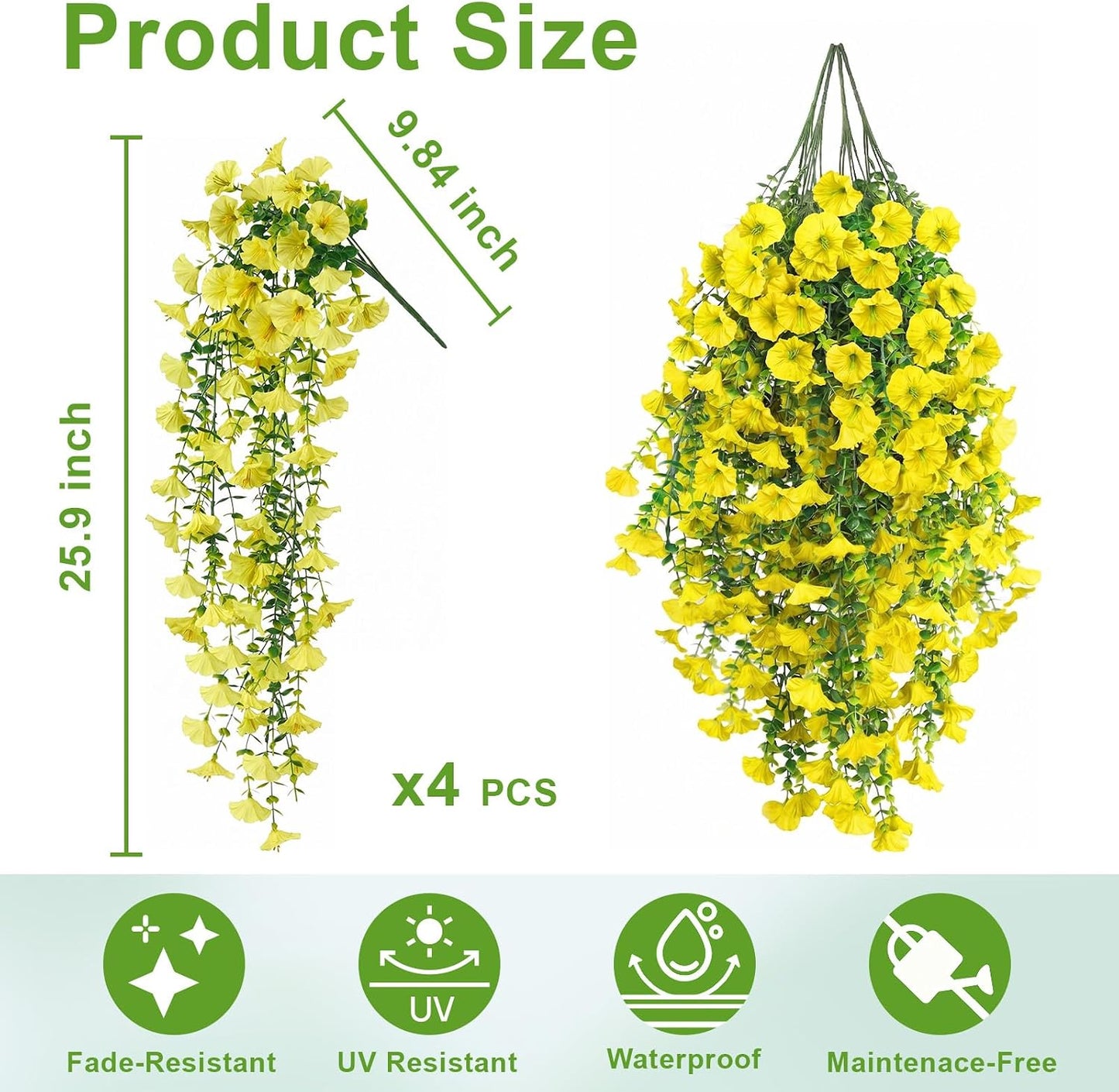 Artificial Hanging Flowers for Outdoors 4Pcs UV Resistant Morning Glory | Faux Flowers Trailing Vines with Eucalyptus Leaves, Realistic Fake Plants for Planter Porch Patio Balcony Yard Garden