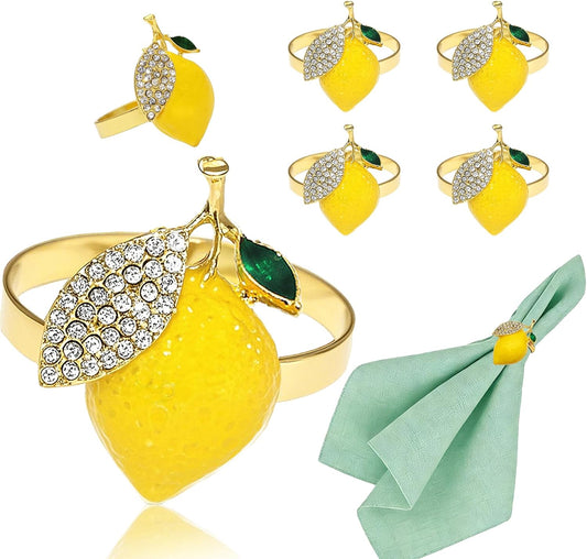 Lemon Napkin Rings Set of 6 Sparkly Rhinestone Fruit Napkin Holders for Summer Beach Wedding Pool Party Spring Garden Picnic Holiday Family Gatherings Rustic Farmhouse Daily Table Decor