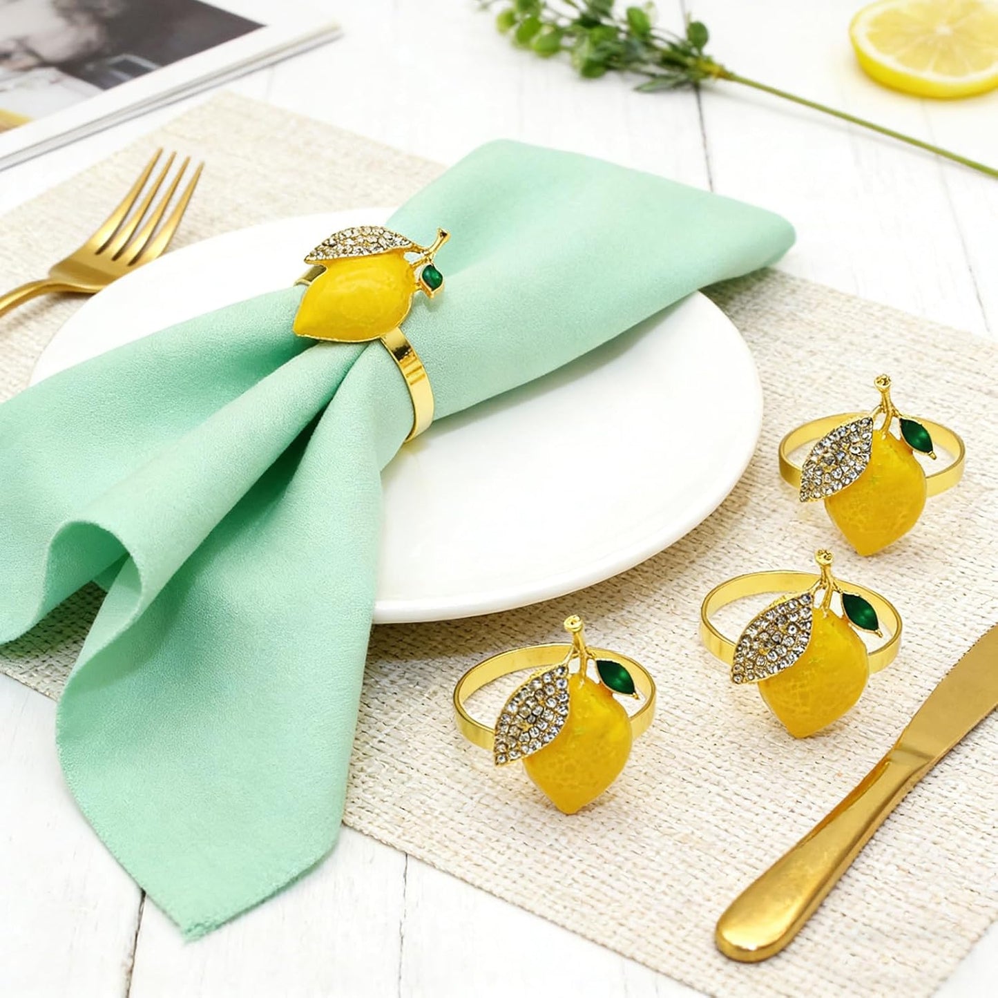 Lemon Napkin Rings Set of 6 Sparkly Rhinestone Fruit Napkin Holders for Summer Beach Wedding Pool Party Spring Garden Picnic Holiday Family Gatherings Rustic Farmhouse Daily Table Decor