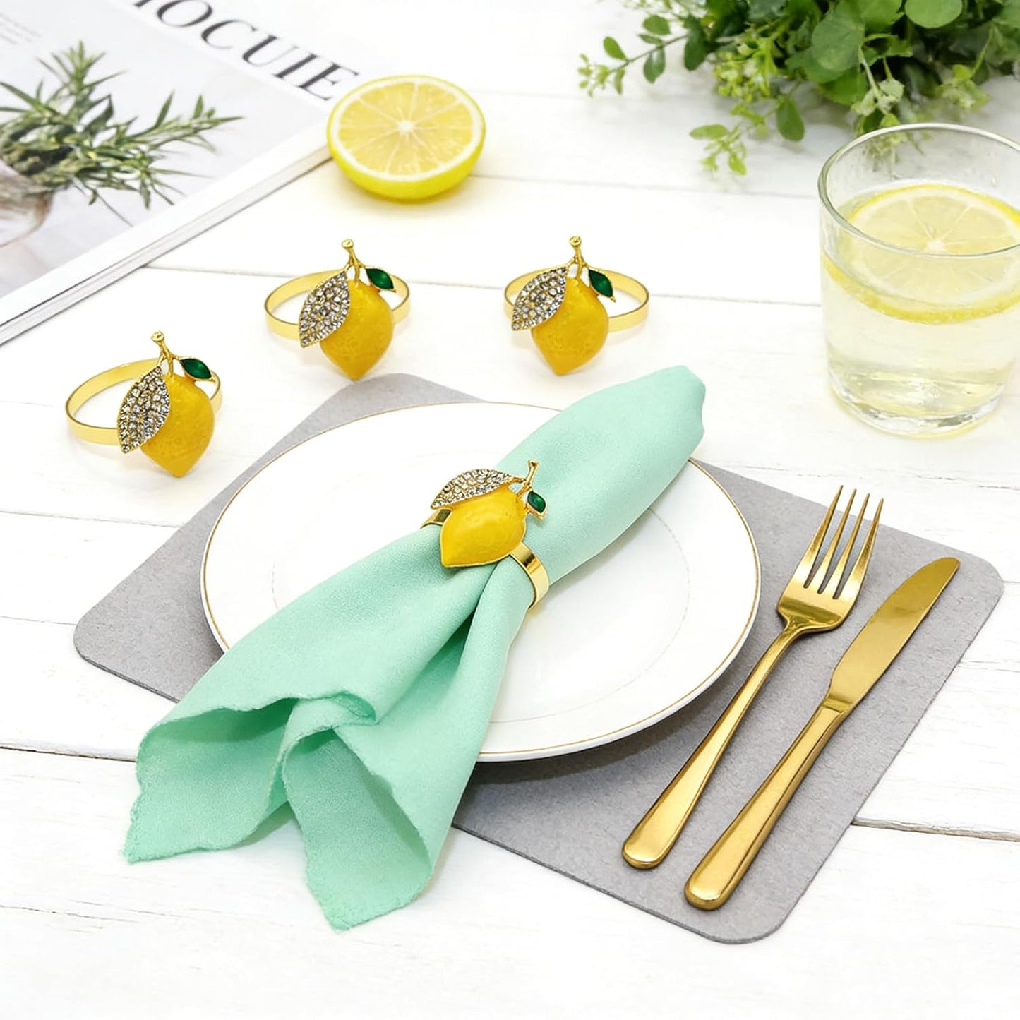 Lemon Napkin Rings Set of 6 Sparkly Rhinestone Fruit Napkin Holders for Summer Beach Wedding Pool Party Spring Garden Picnic Holiday Family Gatherings Rustic Farmhouse Daily Table Decor