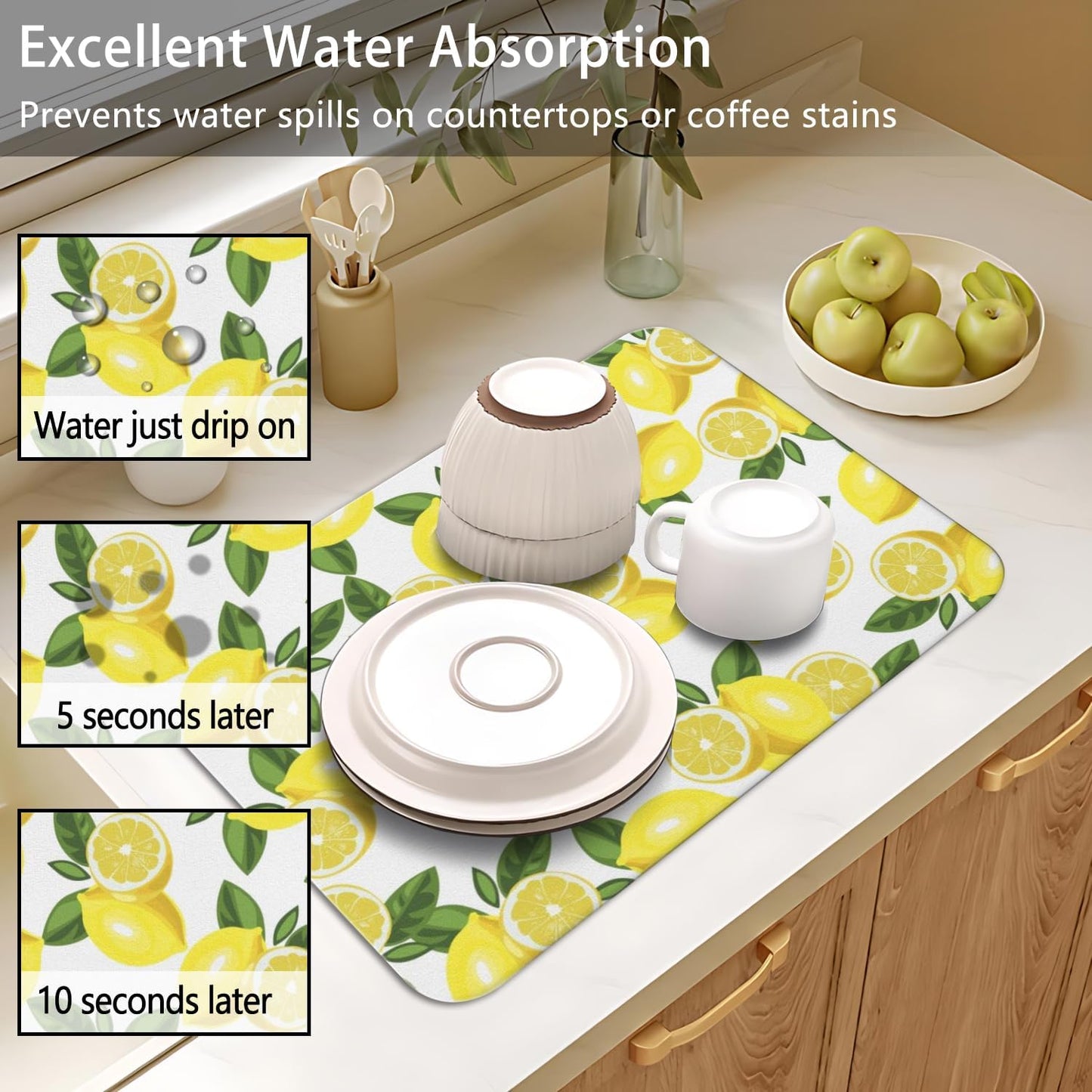 Dish Drying Mat 2-Pack in Yellow Lemon for Kitchen Counter Dishes Mat | Diatom Mud Mats (18x24, 19.5x12"). Non-slip rubber back for kitchen counter, coffee bar & sink scenes