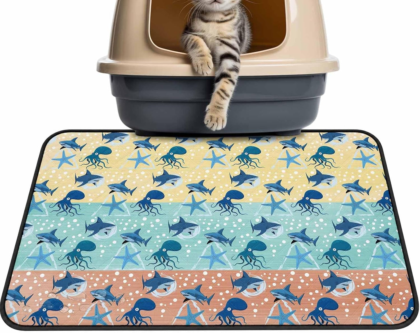 T&H XHomeMarine Life Cat Litter Mat 24x18 , Sharks Octopus Starfish Wood Yellow Kitty Litter Box mat for Cat Machine Washable Easy Clean Soft Non-Slip Pet Food Mats for Floor Rug