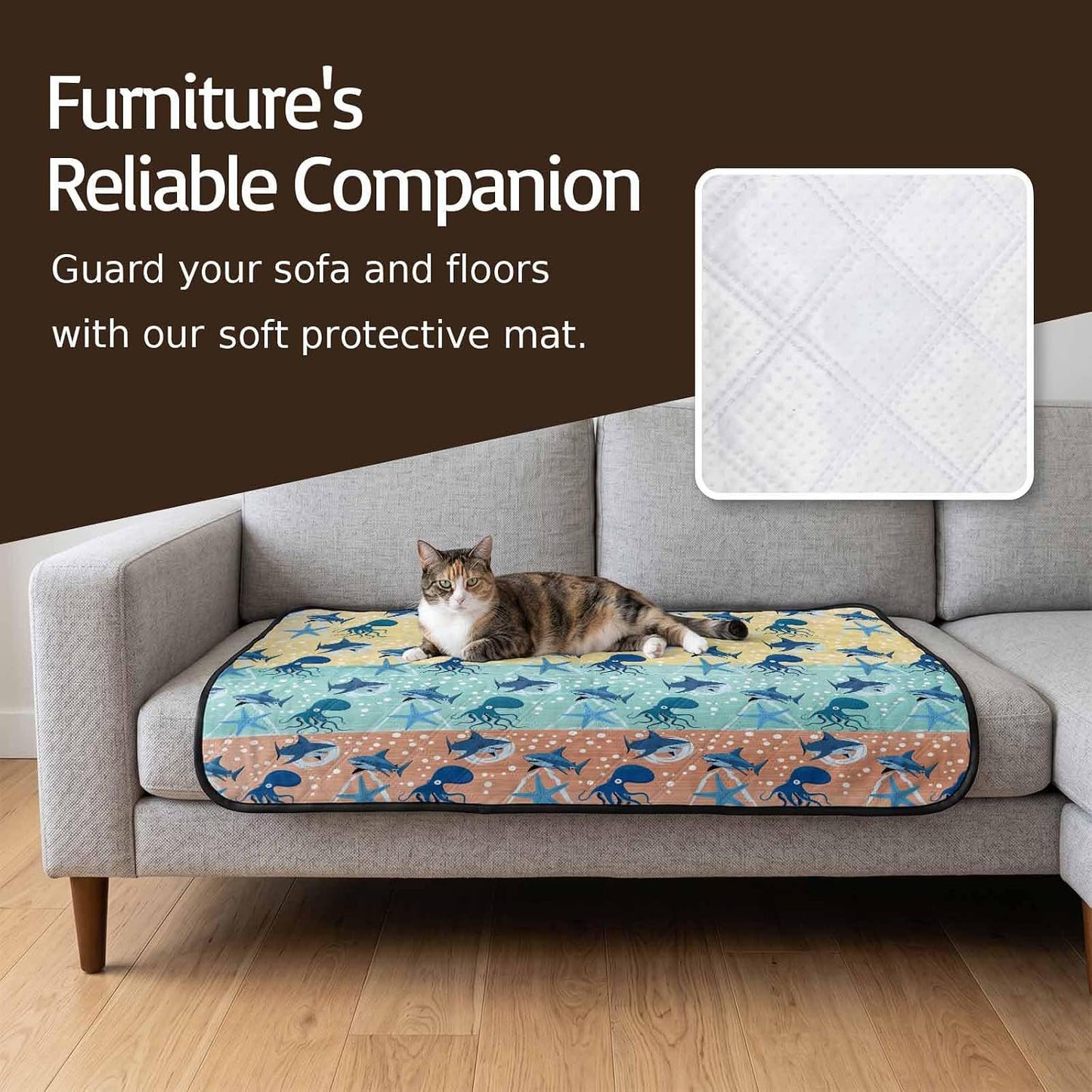 T&H XHomeMarine Life Cat Litter Mat 24x18 , Sharks Octopus Starfish Wood Yellow Kitty Litter Box mat for Cat Machine Washable Easy Clean Soft Non-Slip Pet Food Mats for Floor Rug