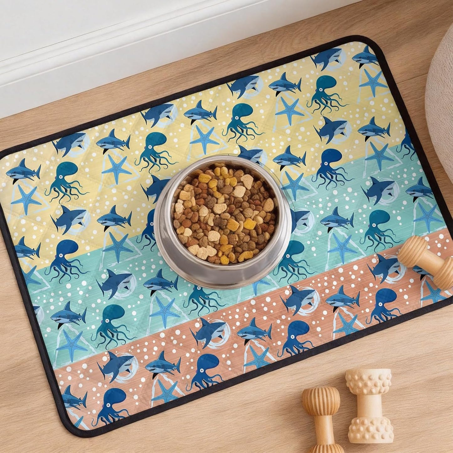 T&H XHomeMarine Life Cat Litter Mat 24x18 , Sharks Octopus Starfish Wood Yellow Kitty Litter Box mat for Cat Machine Washable Easy Clean Soft Non-Slip Pet Food Mats for Floor Rug