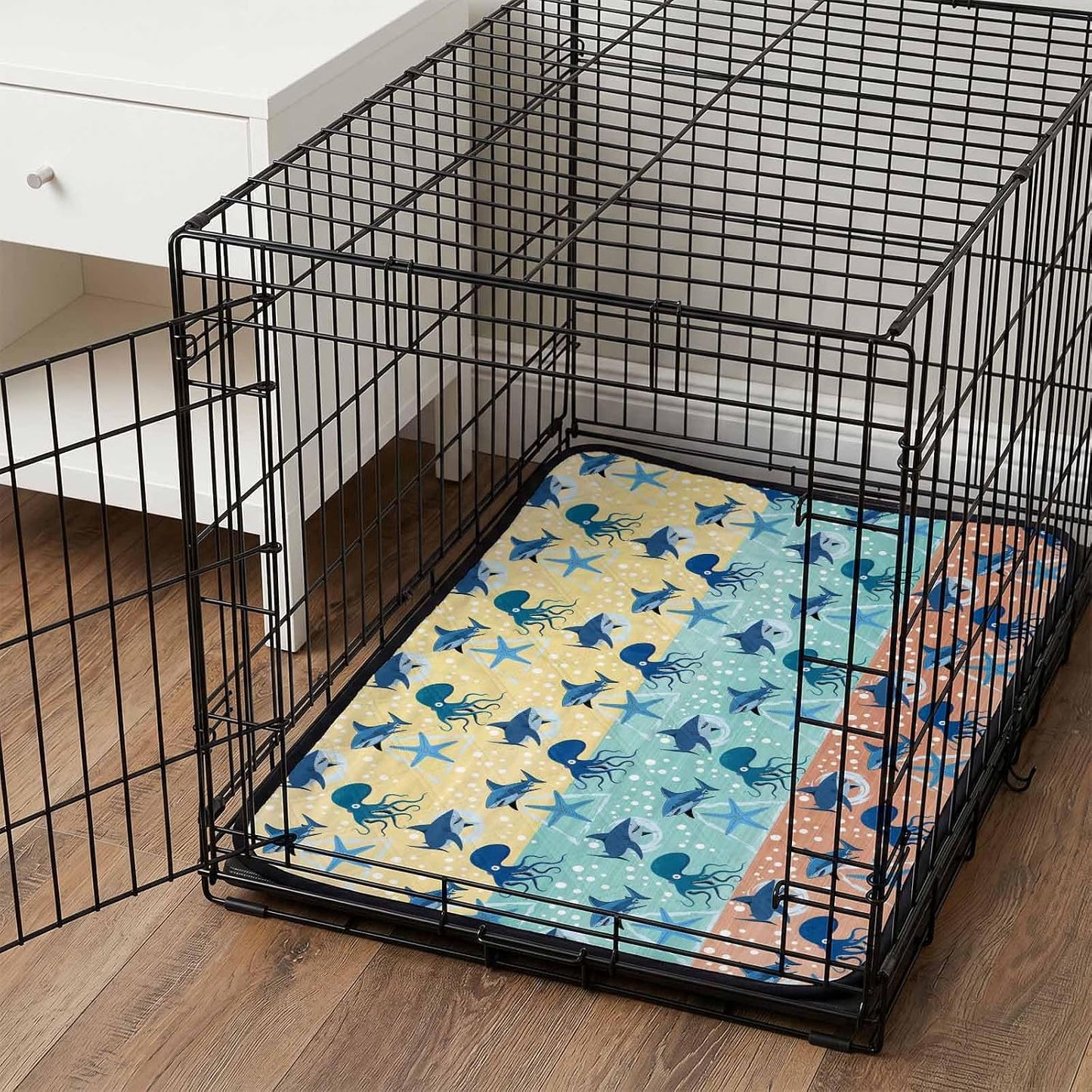 T&H XHomeMarine Life Cat Litter Mat 24x18 , Sharks Octopus Starfish Wood Yellow Kitty Litter Box mat for Cat Machine Washable Easy Clean Soft Non-Slip Pet Food Mats for Floor Rug