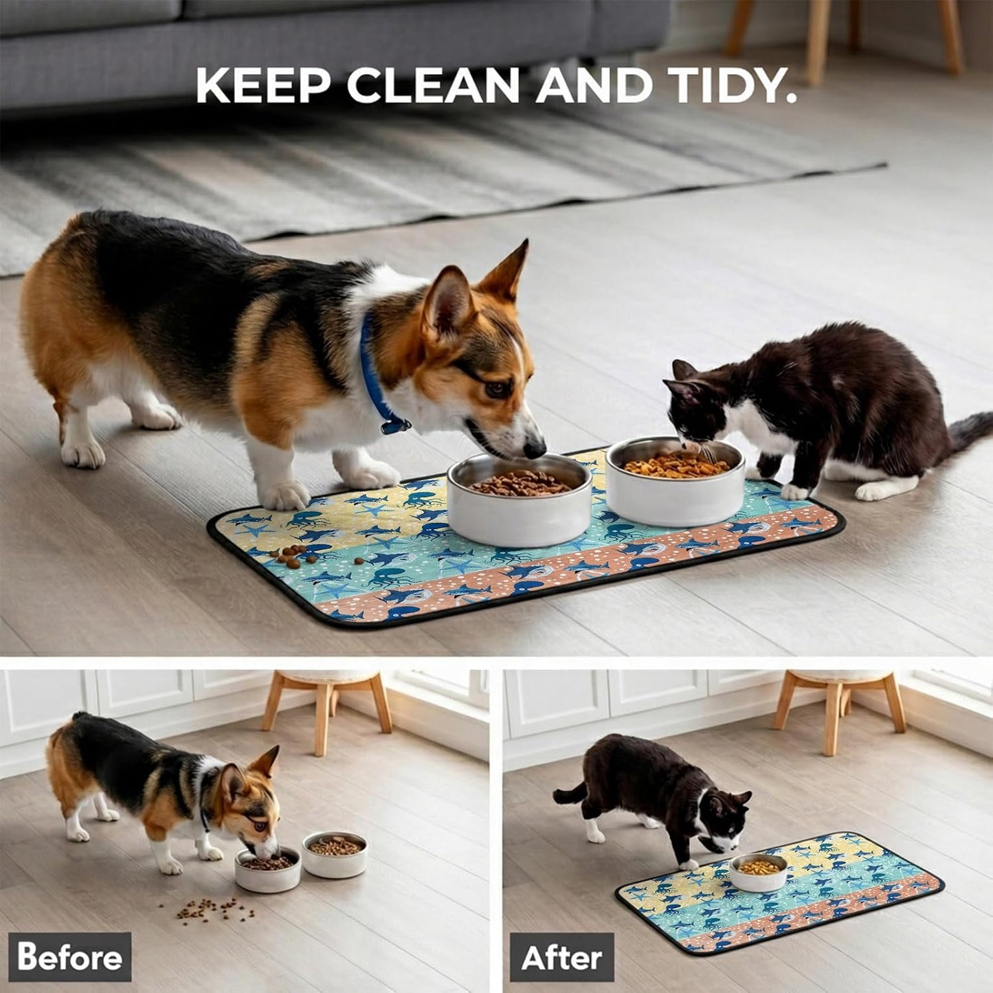 T&H XHomeMarine Life Cat Litter Mat 24x18 , Sharks Octopus Starfish Wood Yellow Kitty Litter Box mat for Cat Machine Washable Easy Clean Soft Non-Slip Pet Food Mats for Floor Rug