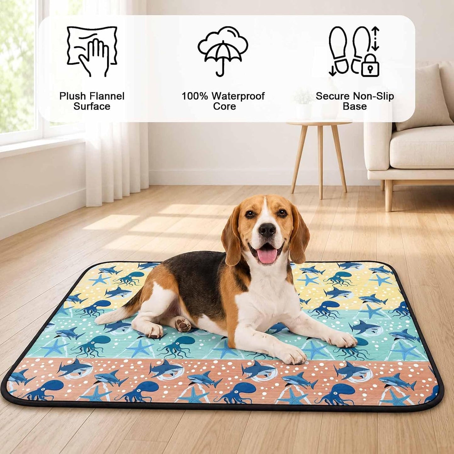 T&H XHomeMarine Life Cat Litter Mat 24x18 , Sharks Octopus Starfish Wood Yellow Kitty Litter Box mat for Cat Machine Washable Easy Clean Soft Non-Slip Pet Food Mats for Floor Rug