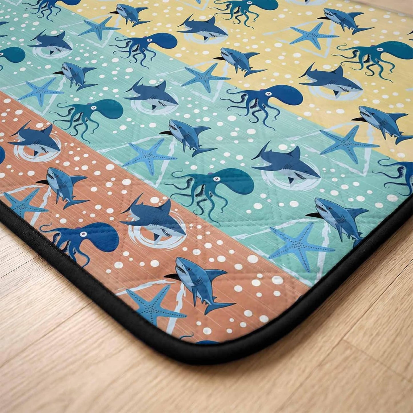 T&H XHomeMarine Life Cat Litter Mat 24x18 , Sharks Octopus Starfish Wood Yellow Kitty Litter Box mat for Cat Machine Washable Easy Clean Soft Non-Slip Pet Food Mats for Floor Rug