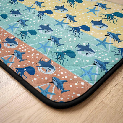 T&H XHomeMarine Life Cat Litter Mat 24x18 , Sharks Octopus Starfish Wood Yellow Kitty Litter Box mat for Cat Machine Washable Easy Clean Soft Non-Slip Pet Food Mats for Floor Rug