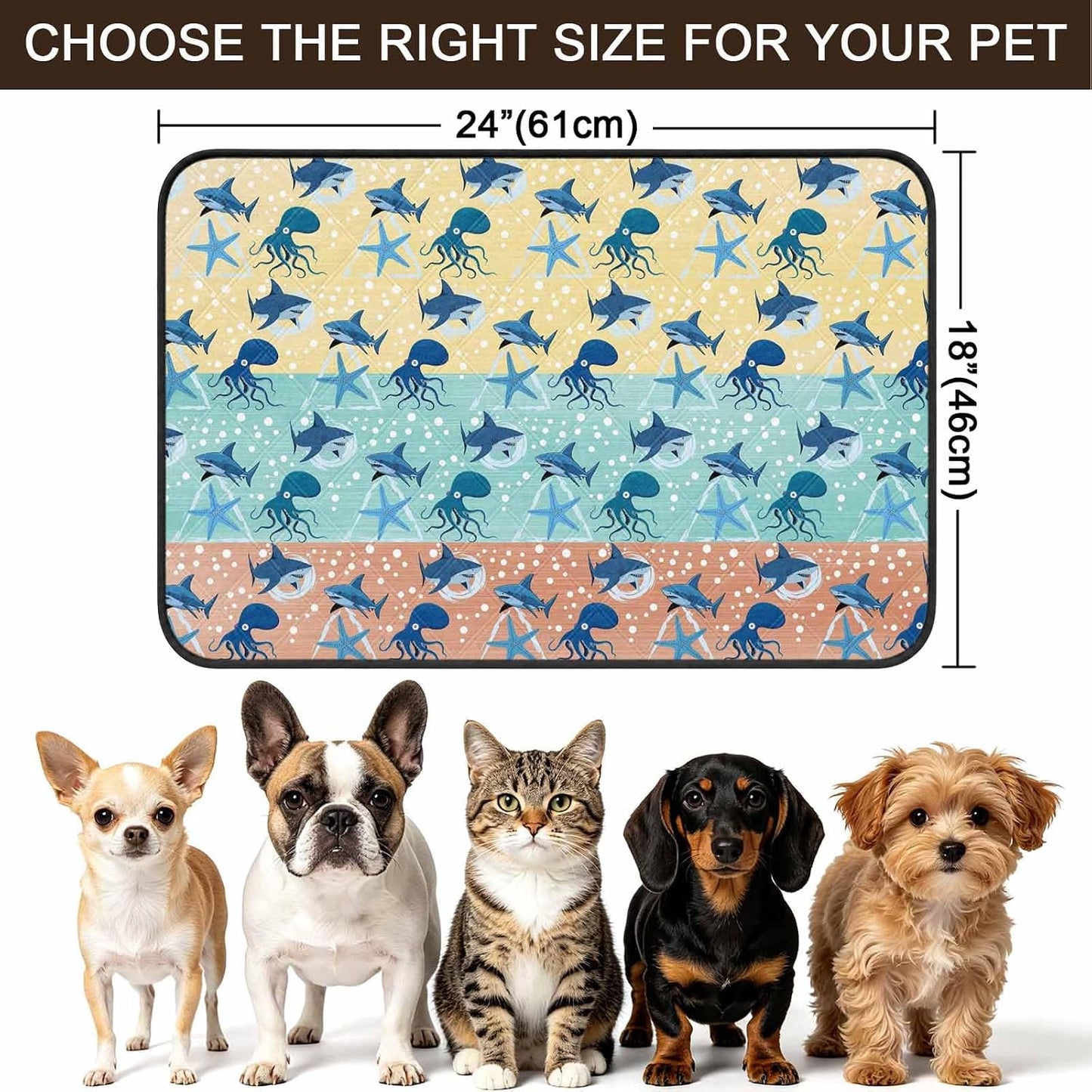 T&H XHomeMarine Life Cat Litter Mat 24x18 , Sharks Octopus Starfish Wood Yellow Kitty Litter Box mat for Cat Machine Washable Easy Clean Soft Non-Slip Pet Food Mats for Floor Rug