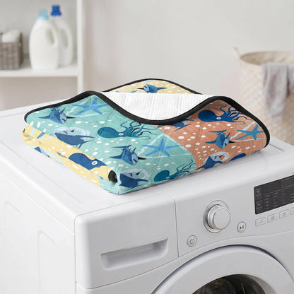 T&H XHomeMarine Life Cat Litter Mat 24x18 , Sharks Octopus Starfish Wood Yellow Kitty Litter Box mat for Cat Machine Washable Easy Clean Soft Non-Slip Pet Food Mats for Floor Rug
