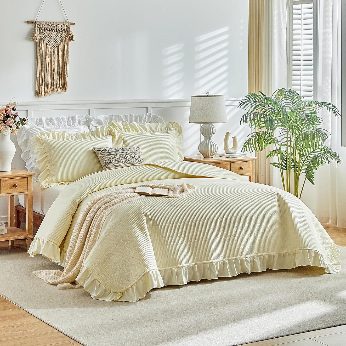 Yellow Ruffle Quilt Set Full/Queen Size, 3 Pieces Shabby Chic Farmhouse Striped Bedspread Coverlet Set, Solid Lightweight Soft Microfiber Bed Cover for All Season (1 Ruffled Quilt + 2 Pillow Shams)