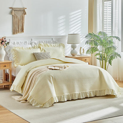 Yellow Ruffle Quilt Set Full/Queen Size, 3 Pieces Shabby Chic Farmhouse Striped Bedspread Coverlet Set, Solid Lightweight Soft Microfiber Bed Cover for All Season (1 Ruffled Quilt + 2 Pillow Shams)