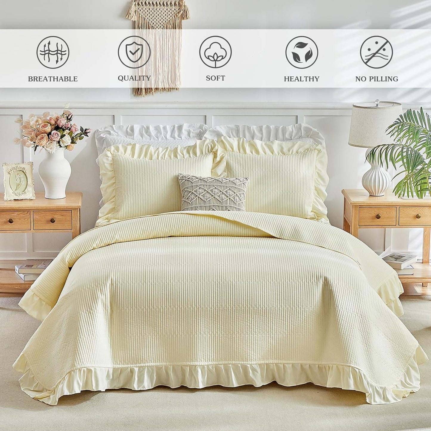Yellow Ruffle Quilt Set Full/Queen Size, 3 Pieces Shabby Chic Farmhouse Striped Bedspread Coverlet Set, Solid Lightweight Soft Microfiber Bed Cover for All Season (1 Ruffled Quilt + 2 Pillow Shams)