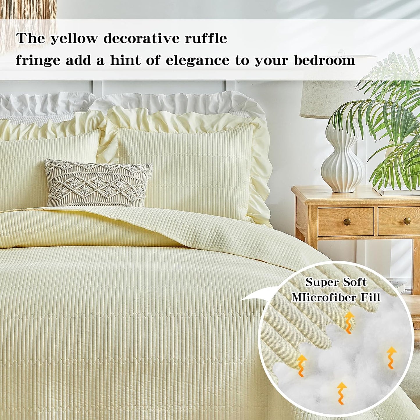 Yellow Ruffle Quilt Set Full/Queen Size, 3 Pieces Shabby Chic Farmhouse Striped Bedspread Coverlet Set, Solid Lightweight Soft Microfiber Bed Cover for All Season (1 Ruffled Quilt + 2 Pillow Shams)