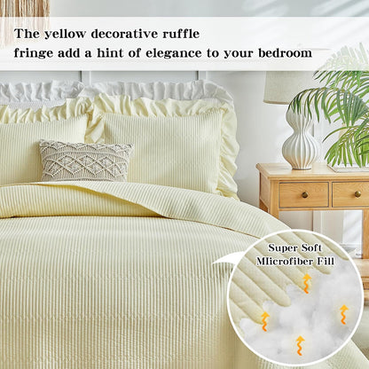 Yellow Ruffle Quilt Set Full/Queen Size, 3 Pieces Shabby Chic Farmhouse Striped Bedspread Coverlet Set, Solid Lightweight Soft Microfiber Bed Cover for All Season (1 Ruffled Quilt + 2 Pillow Shams)