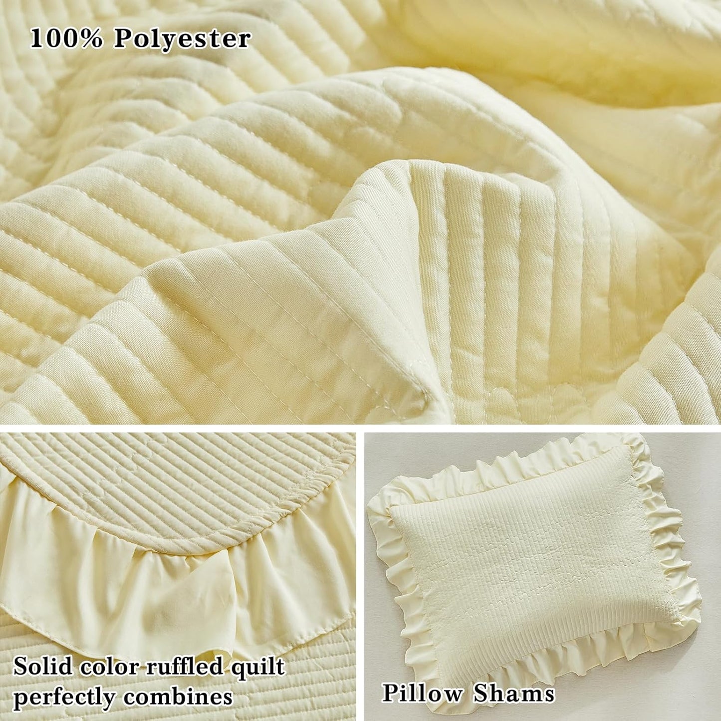 Yellow Ruffle Quilt Set Full/Queen Size, 3 Pieces Shabby Chic Farmhouse Striped Bedspread Coverlet Set, Solid Lightweight Soft Microfiber Bed Cover for All Season (1 Ruffled Quilt + 2 Pillow Shams)