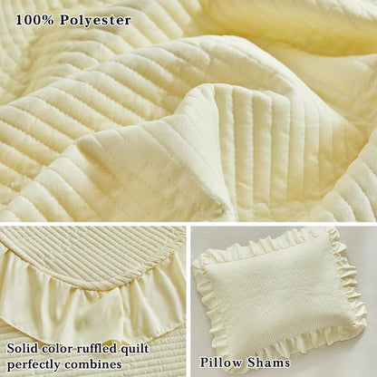 Yellow Ruffle Quilt Set Full/Queen Size, 3 Pieces Shabby Chic Farmhouse Striped Bedspread Coverlet Set, Solid Lightweight Soft Microfiber Bed Cover for All Season (1 Ruffled Quilt + 2 Pillow Shams)