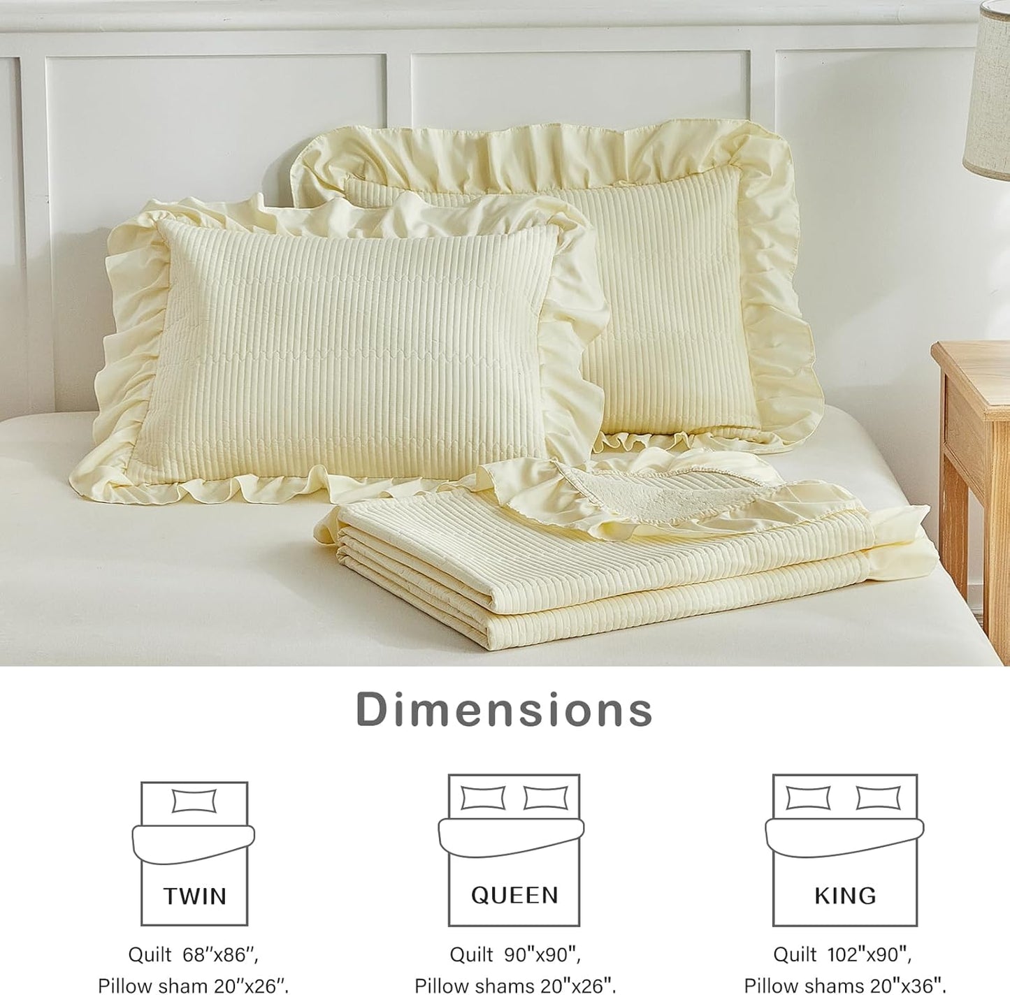 Yellow Ruffle Quilt Set Full/Queen Size, 3 Pieces Shabby Chic Farmhouse Striped Bedspread Coverlet Set, Solid Lightweight Soft Microfiber Bed Cover for All Season (1 Ruffled Quilt + 2 Pillow Shams)