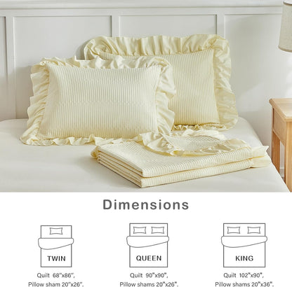 Yellow Ruffle Quilt Set Full/Queen Size, 3 Pieces Shabby Chic Farmhouse Striped Bedspread Coverlet Set, Solid Lightweight Soft Microfiber Bed Cover for All Season (1 Ruffled Quilt + 2 Pillow Shams)