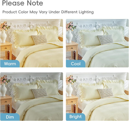 Yellow Ruffle Quilt Set Full/Queen Size, 3 Pieces Shabby Chic Farmhouse Striped Bedspread Coverlet Set, Solid Lightweight Soft Microfiber Bed Cover for All Season (1 Ruffled Quilt + 2 Pillow Shams)