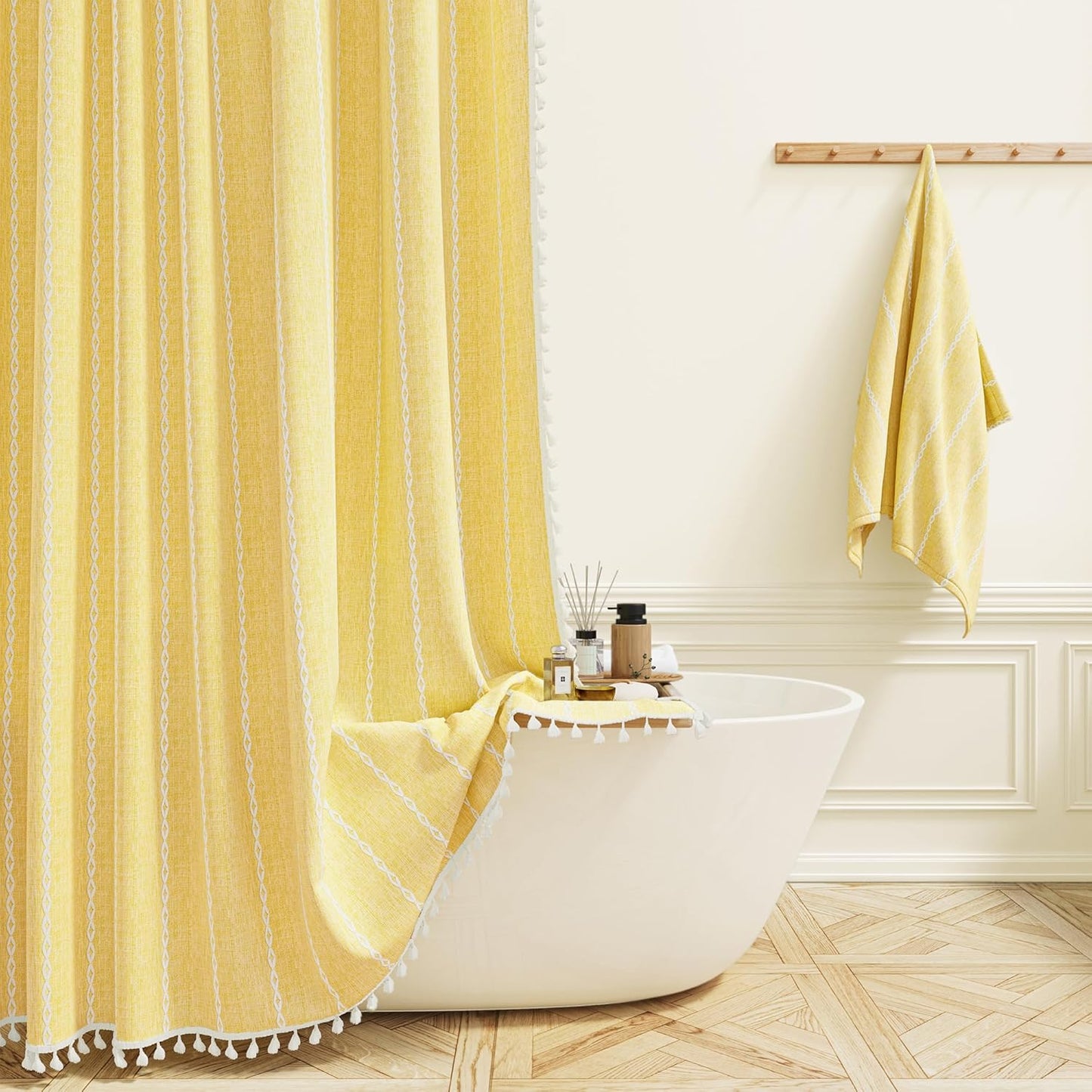 BTTN Boho Farmhouse - Linen Rustic Heavy Duty Striped Fabric Set, Bohemian Vintage Country Cloth Shower Curtains for Bathroom, Yellow, 72" W x 72" L (Pack of 1)