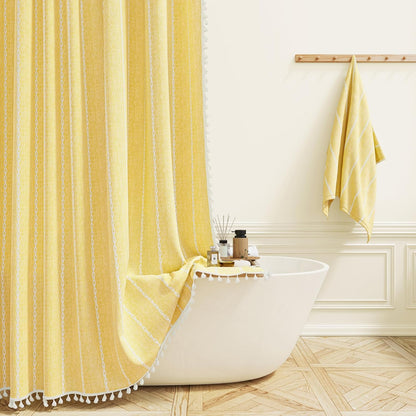 BTTN Boho Farmhouse - Linen Rustic Heavy Duty Striped Fabric Set, Bohemian Vintage Country Cloth Shower Curtains for Bathroom, Yellow, 72" W x 72" L (Pack of 1)