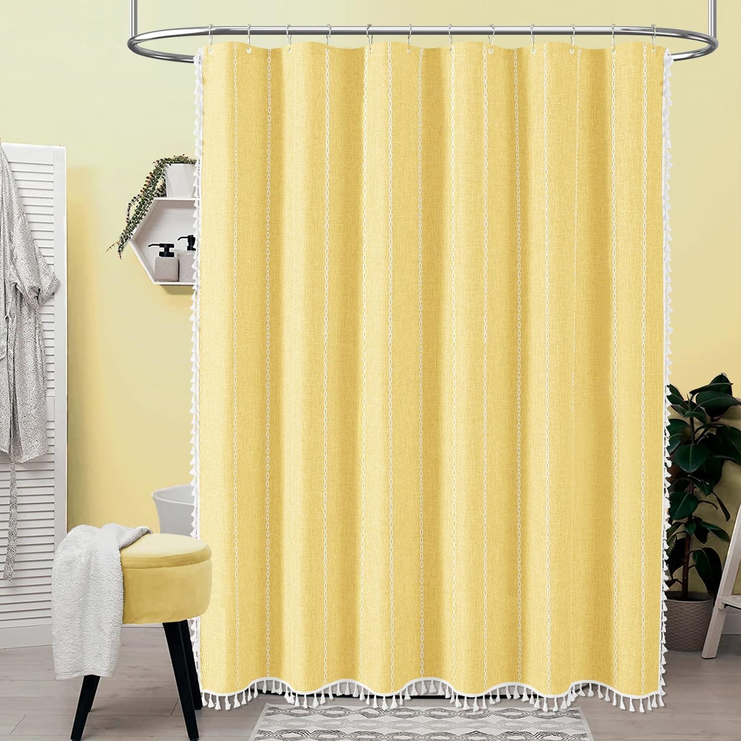 BTTN Boho Farmhouse - Linen Rustic Heavy Duty Striped Fabric Set, Bohemian Vintage Country Cloth Shower Curtains for Bathroom, Yellow, 72" W x 72" L (Pack of 1)
