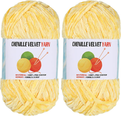2 * 100g Velvet Chenille Chunky Yarn, Handcrafts Weaving Soft Chenille Yarn for Crocheting Clearance, Used for Making Baby Yarn Blanket, Clothes, Knitting Creations (Yellow)