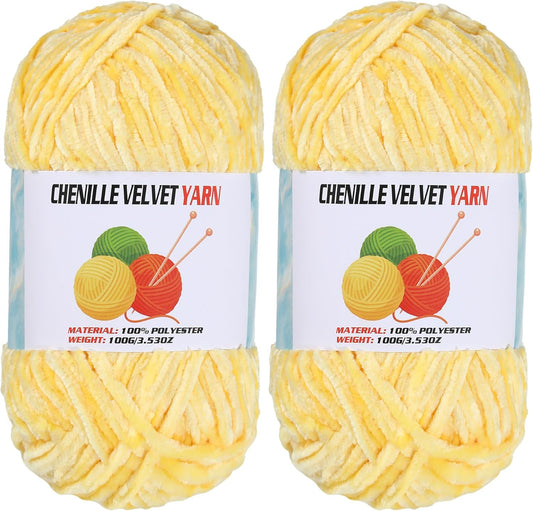 2 * 100g Velvet Chenille Chunky Yarn, Handcrafts Weaving Soft Chenille Yarn for Crocheting Clearance, Used for Making Baby Yarn Blanket, Clothes, Knitting Creations (Yellow)