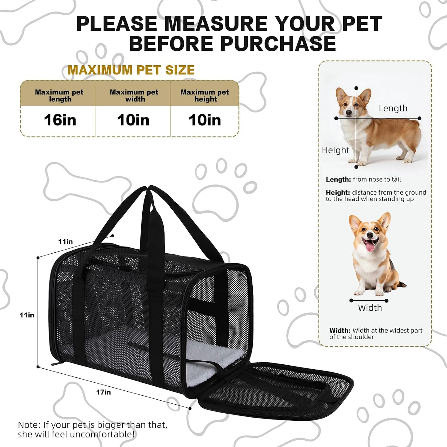 Cat Carrier Dog Carrier Pet Carriers Soft-Sided Cats Bag Animal Carriers Puppy Carrying Bag TSA Airline Approved Small Dog Carrier Soft Sided, Collapsible Travel Carriers for Big Cats(Up to 16lbs)