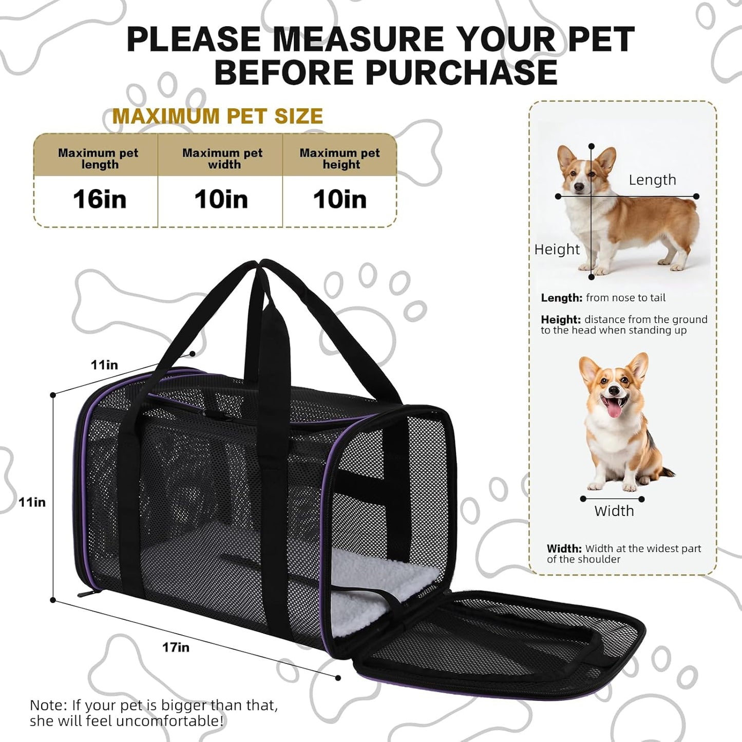 Cat Carrier Dog Carrier Pet Carriers Soft-Sided Cats Bag Animal Carriers Puppy Carrying Bag TSA Airline Approved Small Dog Carrier Soft Sided, Collapsible Travel Carriers for Big Cats(Up to 16lbs)