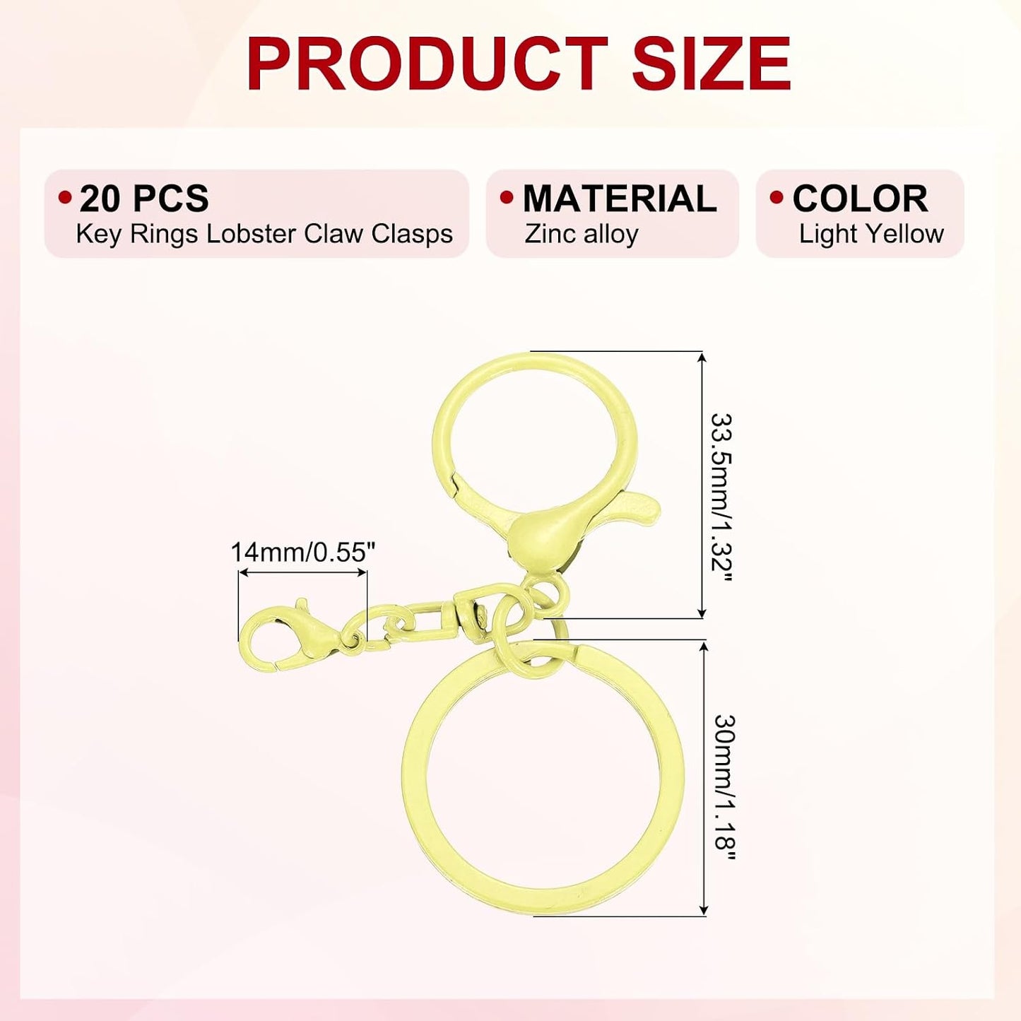 20 Pcs Large Lobster Claw Clasps with Key Rings, Colorful Keychain Clip Hooks Bulk for Bag Purse Charm Key Chain Supplies DIY Crafts, Light Yellow