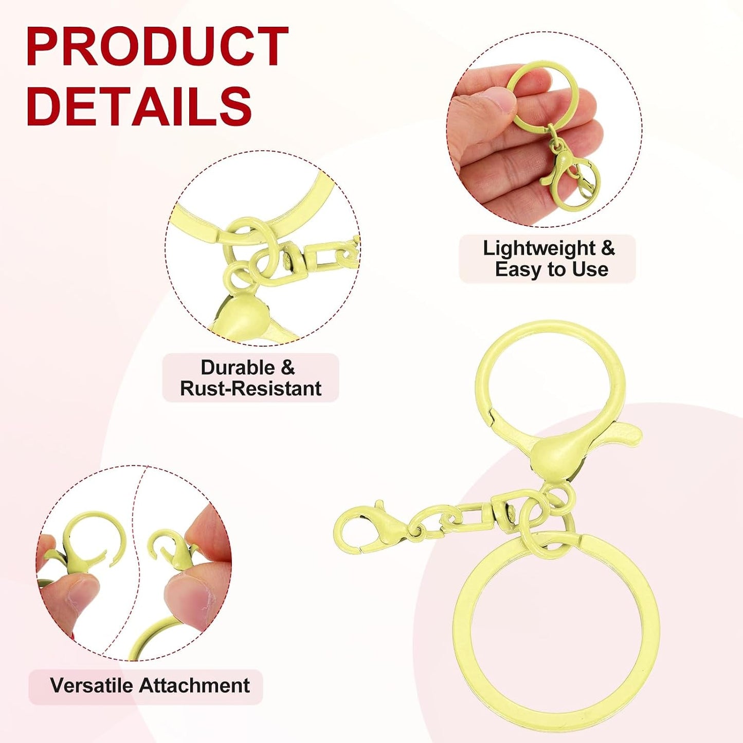 20 Pcs Large Lobster Claw Clasps with Key Rings, Colorful Keychain Clip Hooks Bulk for Bag Purse Charm Key Chain Supplies DIY Crafts, Light Yellow