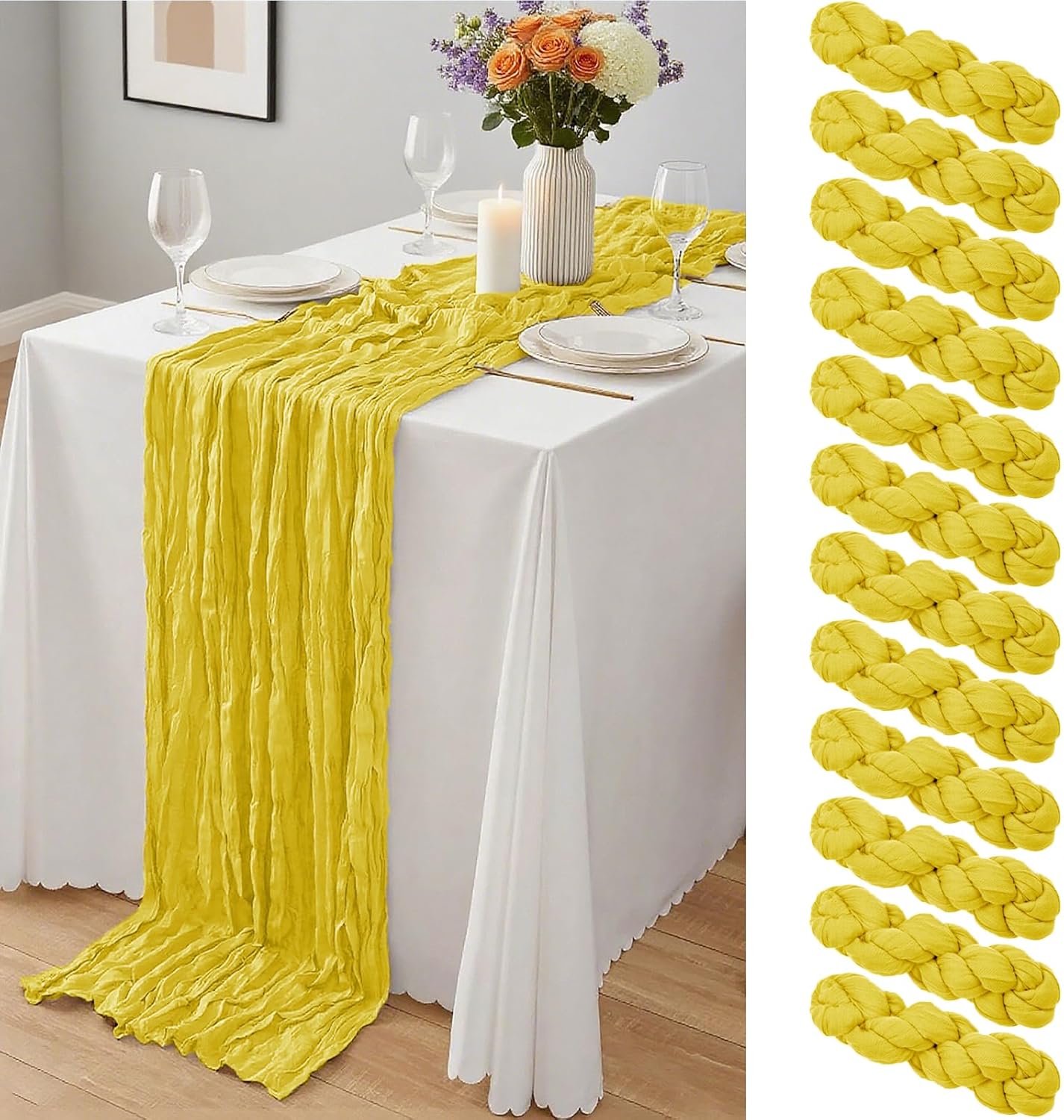 12 Pcs Lemon Yellow Cheesecloth Table Runner 10Ft, Gauze Table Runners 21.5 x 120 inch,Semi Sheer Cheese Cloth Fabric Runner Bulk for Wedding,Party,Baby Shower,Bridal Shower