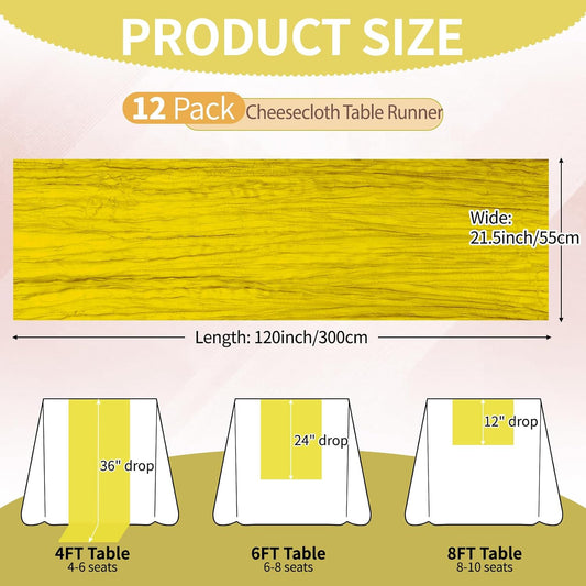 12 Pcs Lemon Yellow Cheesecloth Table Runner 10Ft, Gauze Table Runners 21.5 x 120 inch,Semi Sheer Cheese Cloth Fabric Runner Bulk for Wedding,Party,Baby Shower,Bridal Shower
