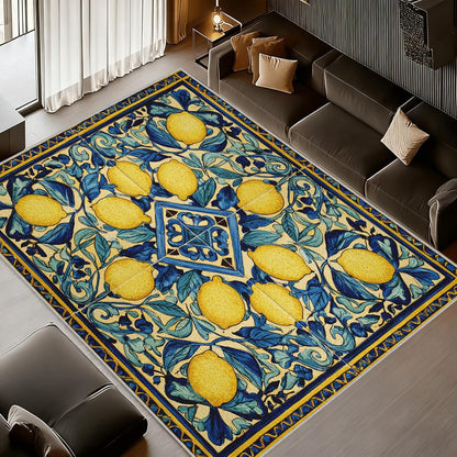 Lemons Rugs for Bedroom 4x7 Washable Ceramic Tile Area Rug for Living Room, Non Slip Mexican Talavera Ceramic Tile Seamless Print Carpet for Home Decor, Low Pile Soft Thin J&R351