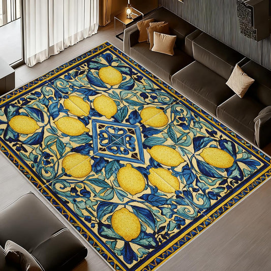Lemons Rugs for Bedroom 4x7 Washable Ceramic Tile Area Rug for Living Room, Non Slip Mexican Talavera Ceramic Tile Seamless Print Carpet for Home Decor, Low Pile Soft Thin J&R351