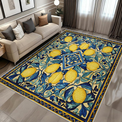 Lemons Rugs for Bedroom 4x7 Washable Ceramic Tile Area Rug for Living Room, Non Slip Mexican Talavera Ceramic Tile Seamless Print Carpet for Home Decor, Low Pile Soft Thin J&R351