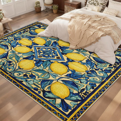 Lemons Rugs for Bedroom 4x7 Washable Ceramic Tile Area Rug for Living Room, Non Slip Mexican Talavera Ceramic Tile Seamless Print Carpet for Home Decor, Low Pile Soft Thin J&R351