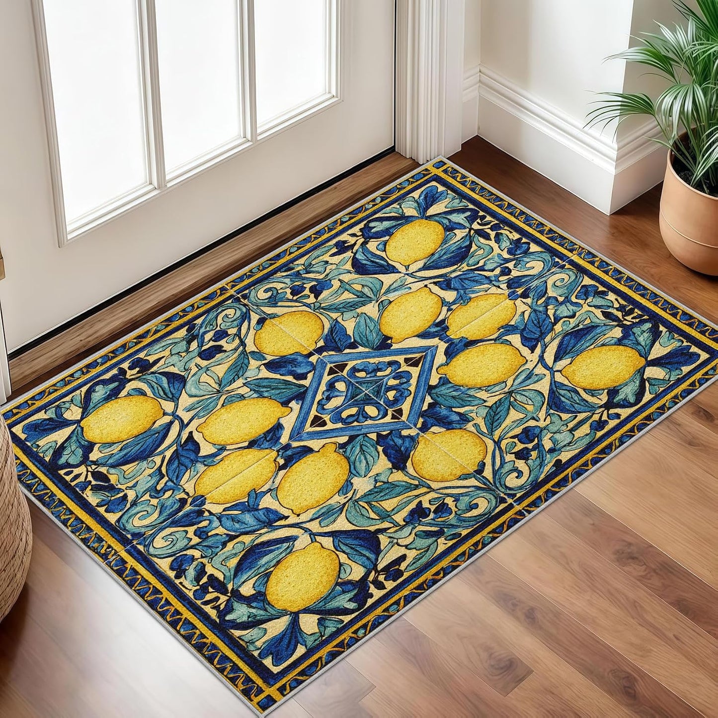 Lemons Rugs for Bedroom 4x7 Washable Ceramic Tile Area Rug for Living Room, Non Slip Mexican Talavera Ceramic Tile Seamless Print Carpet for Home Decor, Low Pile Soft Thin J&R351