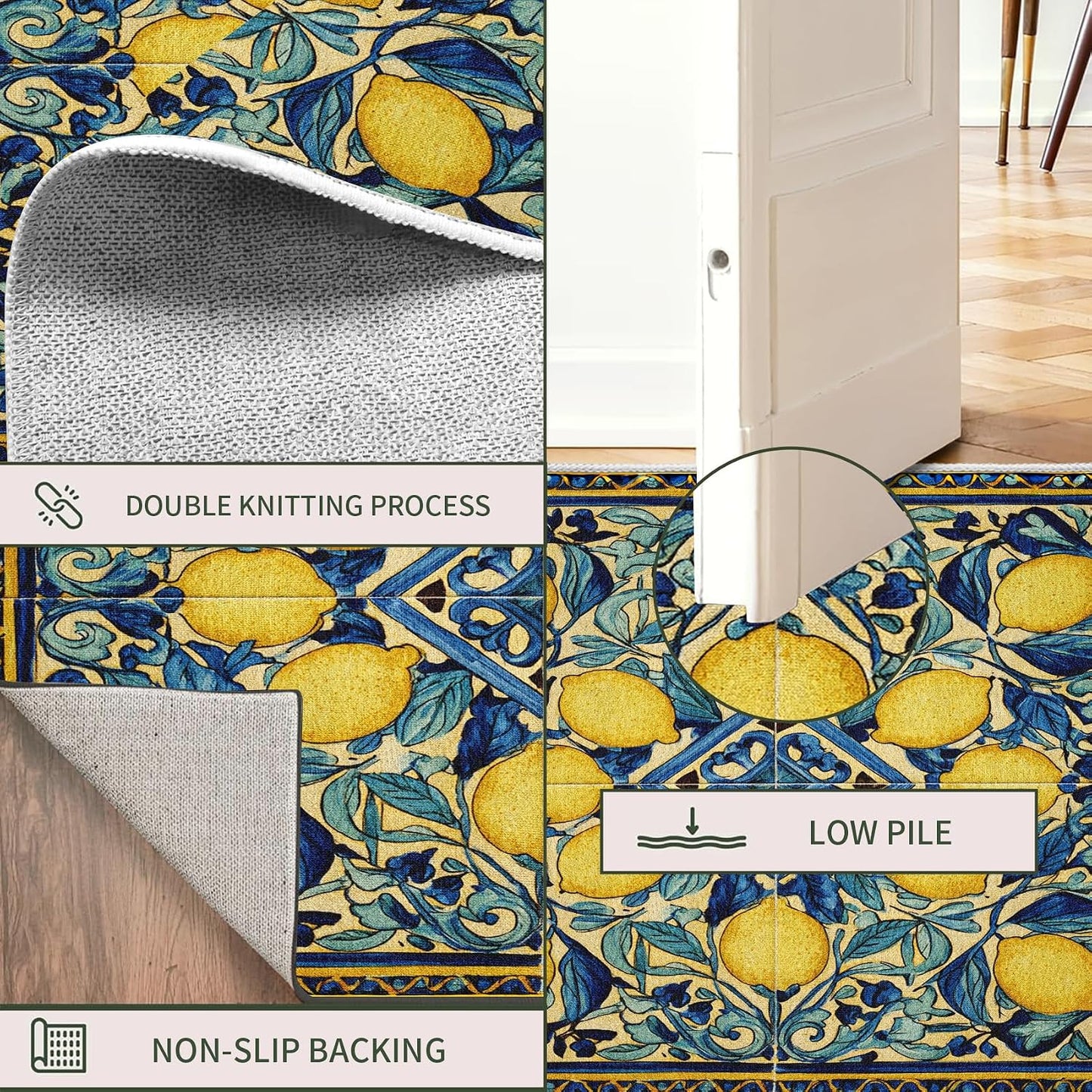 Lemons Rugs for Bedroom 4x7 Washable Ceramic Tile Area Rug for Living Room, Non Slip Mexican Talavera Ceramic Tile Seamless Print Carpet for Home Decor, Low Pile Soft Thin J&R351