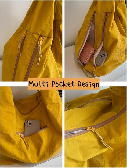 Slouchy Tote Bag 2026 Nylon Solid Pleated Handbag Men Women Large Shoulder Travel Gym Casual Commute Weekend Vacation